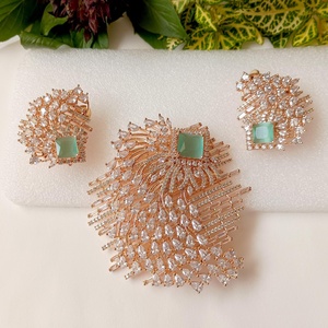 RAY FINE ORNATES <b>Ruby</b> Emerald CZ Pendant Stud Set Victorian Bohemian Indian Jewelry Gold Plated Trendy IGI Certified <b>Necklace</b> - Product Image 2