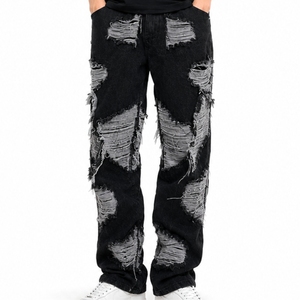 Men Distressed Jeans Black Washed Denim Relaxed Baggy Fit Heavy Ripped Detail Modern Streetwear Style Comfortable Daily Wear - Product Image 1