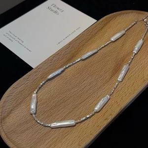 Collar de Plata S925 con Perla Barroca Natural de Agua Dulce, Cadena de Clavícula de Alta Gama con Diseño de Barra de Plata Pequeña - Product Image 2