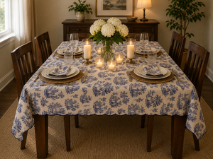 Nappe en lin de qualité supérieure avec imprimé toile bleue et bord festonné – Housse de table décorative vintage pour la maison, le restaurant - Product Image 4