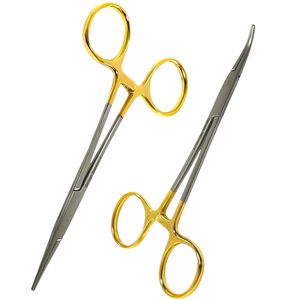 Set 2 Premium Gold Handle Mosquito Forceps 5"-Straight Curved German Stainless Steel Locking Hemostat <b>Clamps</b> CE Certified - Product Image 1
