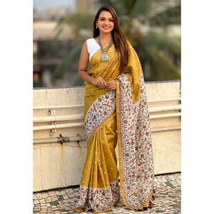 Robes de soirée Elite Weaves, sari en soie Katki dorée avec bordure Zari, motif Kalamkari imprimé, 500g - Product Image 4