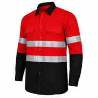 Kemeja Kerja Konstruksi Unisex Visibilitas Tinggi Merah Hitam Garis Reflektif Lengan Panjang Kancing Depan Saku Katun Bernapas