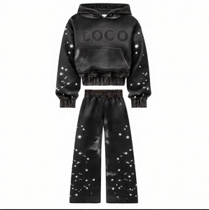 Conjunto de 2 piezas de chándal para mujer con logotipo personalizado, sudadera corta con estrella de pedrería y pantalones de chándal de pierna ancha, lavado ácido, peso pesado, estilo vintage - Product Image 2