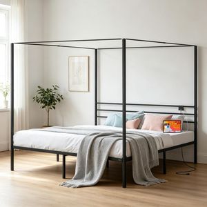 Letto a baldacchino moderno in metallo, matrimoniale e queen size, con struttura robusta in ferro, personalizzabile per appartamenti - Product Image 1