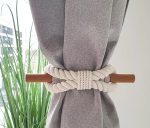 White Rope Curtain <b>Tieback</b> with Light Oak Beech Wood Pin – Rustic Farmhouse Boho Decor - Product Image 3