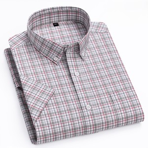 เสื้อเชิ้ตแขนสั้นผู้ชายผ้าฝ้าย 100% สีพื้นติดกระดุม เสื้อเชิ้ตฤดูร้อนลายสก็อต ชุดยูนิฟอร์มบริษัท เสื้อทำงานลายทางสำหรับผู้ชาย - Product Image 3