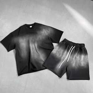 <b>Men</b> Blank Tee <b>Shorts</b> <b>Set</b> Custom Logo Screen Printing DTG Print Cotton Boxy Fit Drop Shoulder Acid Wash Distressed T-<b>Shirt</b> <b>Sets</b> - Product Image 1