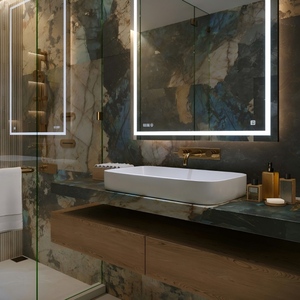 Bagno moderno di lusso con parete in marmo, specchio a LED e lavabo, mobile da bagno OEM. - Product Image 1