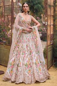 Floral Embroidered Chiffon Lehenga Choli Evening Dress Empire Waist Maxi Sweep Train Heavy Fabric V Neck <b>Bride</b> Party Wear - Product Image 2