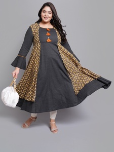 Black Cotton Anarkali Kurti With Floral And Stripe <b>Print</b> Embroidery Mandarin Collar Bell Sleeves For Plus Size Women's Wear - Product Image 2