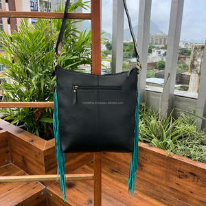 Handcrafted Cowhide & Tooled Leather Bag with Turquoise Fringe Accents Trendy High Quality Zipper Crossbody Hand Bag For Women - Product Image 5