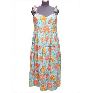 Robe longue décontractée pour femme en tissu de coton écologique imprimé au bloc, sans manches, à volants, pour la couture, idéale pour les fêtes, style simple - Product Image 1