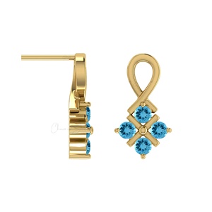 Boucles d'oreilles en or véritable 14 carats faites à la main pour topaze bleue suisse Boucles d'oreilles en pierres précieuses de 2mm de coupe ronde Cadeau de mariage de style mignon pour femme - Product Image 1
