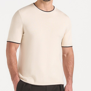 Camiseta de Manga Corta de Punto Crema para Hombre con Ribete en Contraste, Cuello Redondo, Corte Regular Informal, Color Sólido, Top de Algodón - Product Image 1