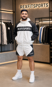 REXFIT SPORTS 2026 Custom Black <b>White</b> Nylon Windbreaker <b>Jacket</b> and Shorts Set Private Label Streetwear Sportswear - Product Image 4