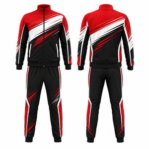 Conjunto Deportivo para Hombre, Rojo, Negro y Blanco, Geométrico, con Cremallera Completa, para Correr, de Secado Rápido, Poliéster, para Otoño, con Bolsillos Laterales - Product Image 1