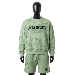 Conjunto de Sudadera y Pantalones Cortos de Felpa de Algodón y Poliéster Premium para Hombre, Color Verde Menta, con Estampado de Diamantes de Imitación y Logotipo Personalizado - Product Image 1