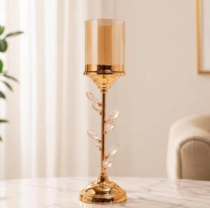 Candelabro Dorado con Diseño Floral de 24 cm, Base de Metal con Hojas de Cristal, Candelabro Decorativo de 14 cm de Diámetro - Product Image 3