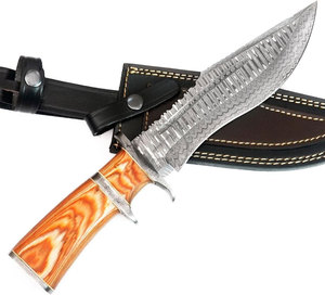 Couteau de chasse Bowie en acier Damas de 15 pouces - Lame fixe ambidextre forgée à la main - Couteau tactique de survie et de camping avec manche en bois de rose - Product Image 1