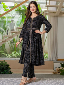 <b>Women</b> Cotton Black Digital Printed Quick Dry <b>Kurta</b> Pant Set Regular Fit Knee-Length Traditional Style Casual Wear India Pakistan - Product Image 2