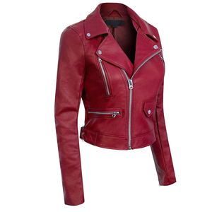 Women's Red PU Leather Windproof Moto <b>Jacket</b> Full Sleeve Regular Length Solid Color Biker Style Spring Autumn Wear - Product Image 5