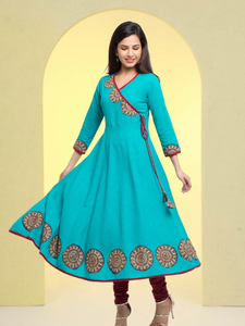 Womens Teal Cotton Slub Patch Work Angrakha Style Anarkali Kurta With V Neck <b>Three</b> Fourth Sleeves Crafted For Global Ethnic Wear - Product Image 2
