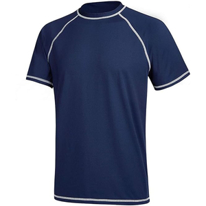 Camiseta de natación de manga corta de alta calidad para hombre, color azul oscuro, UPF 50+, elástica, de secado rápido, con detalles en blanco. - Product Image 2