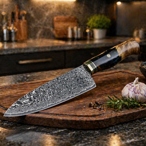 NEW FRIEND INDUSTRIES Couteau de chef industriel artisanal personnalisé en acier Damas, manche en résine et bois, ambidextre, étui en cuir, 8-9,9 pouces - Product Image 4