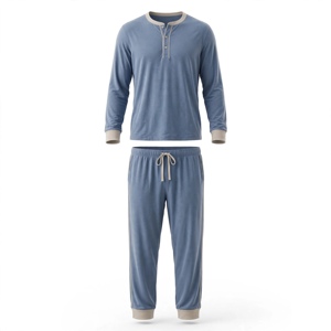 Ensemble de pyjama pour homme bleu foncé à manches longues avec bordure grise, tricot doux 100% coton, décontracté, lavable en machine, 2 pièces - Product Image 1