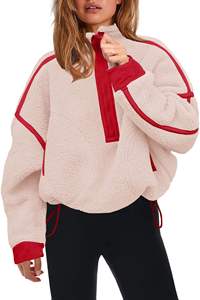 Sudadera con capucha para mujer, oversize, beige, con paneles en contraste, media cremallera, de forro polar, manga larga, estilo casual urbano, corte holgado, estampado personalizado - Product Image 6