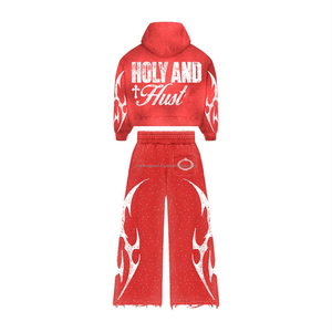 กางเกงวอร์มและเสื้อฮู้ดปักลายเอวคู่ สไตล์ฮิปฮอป แต่งลูกปัดและคริสตัล ลุคย้อนยุคแบบฟอกสี สำหรับผู้ชาย - Product Image 6