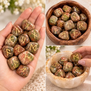 Pierres de runes gravées en unakite naturelle, ensemble de pierres roulées, symboles en cristal poli pour la divination et la guérison Reiki, acheter chez Ruhi agate - Product Image 2