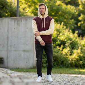 Sweat-shirt à capuche pour homme, couleur crème et bordeaux, coupe ample, style décontracté, tissu polaire épais 450 g/m² - Product Image 4