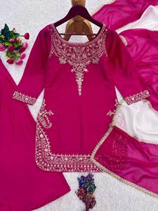 Pink Embroidered Salwar Kameez Set Heavy <b>Sequin</b> Work Crepe <b>Top</b> Palazzo and Dupatta Ready to Wear for Wedding <b>Party</b> - Product Image 4