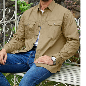 Camisa Casual de Manga Larga para Hombre, Color Caqui, Estilo Workwear, Cuello Clásico, Transpirable, 100% Algodón Twill - Product Image 4