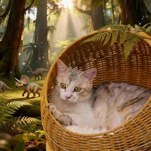 Cat Tree 46” Cat Dinosaur Tower with Scratching <b>Post</b>, Large Rattan Cats House in 18” Diameter, Wicker Cat Bed with Removable Mat - Product Image 6