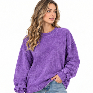Trend <b>Women</b> Mineral Wash Crewneck Pullover <b>Sweatshirt</b> Wholesale Plain Washed Fleece <b>Long</b> Sleeve Casual Streetwear <b>Sweatshirt</b> - Product Image 3