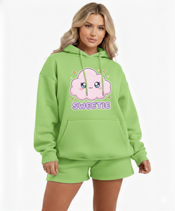Ensemble tricoté de luxe 2 pièces pour femme, hiver, coupe ample, respirant, avec sweat à capuche à épaules tombantes et short, pour usage quotidien décontracté - Product Image 5
