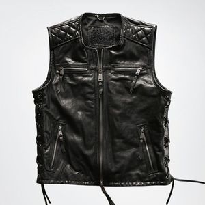 FAZMAX Men's <b>Black</b> Genuine Leather High Street Winter Moto <b>Vest</b> V-neck Solid Color Outerwear Regular Length Garment Dyed - Product Image 3