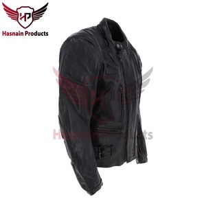 Blouson en cuir véritable noir pour homme, asymétrique, style motard, en cuir de vachette, avec poitrine rembourrée, boucle Sunburst, sangle, vêtement d'extérieur d'hiver personnalisé - Product Image 2