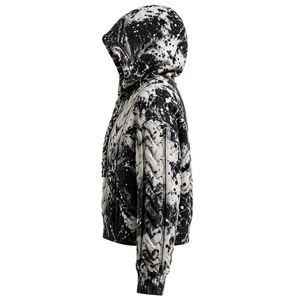 Black <b>White</b> Cable Knit <b>Hoodie</b> Paint Splatter Pattern Braided Drawstrings Kangaroo Pocket Ribbed Cuffs Streetwear Pullover Casual - Product Image 3