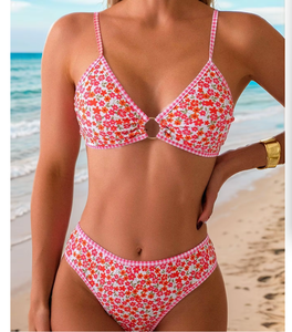Ensemble bikini femme personnalisé à motif floral et carreaux, avec détails anneau, maillot de bain triangle, passepoil contrastant, deux pièces 2026 - Product Image 6