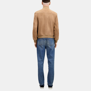Suede <b>Leather</b> <b>Jacket</b> Round Neck Beige Color <b>Long</b> Sleeves <b>Jacket</b> With Zipped Pocket - Product Image 6