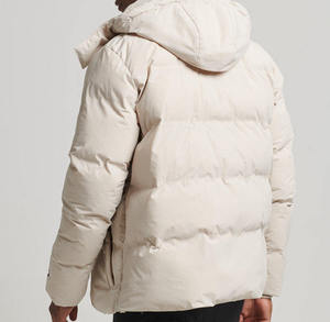Men's Beige Cotton <b>Puffer</b> <b>Jacket</b> with <b>Hood</b> Stand Collar Zipper Closure Casual Winter Coat Thick Windproof <b>Long</b> Front Regular Fit - Product Image 3