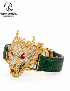Pave Lab Grown Diamond Dragon Head <b>Bracelet</b> <b>Ruby</b> Eyes Green Alligator Leather Strap Luxury Mens Statement Jewelry Gift - Product Image 5