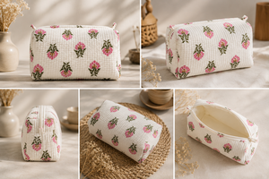 <b>Quilted</b> Cotton Pink Floral Bohemian Multifunction <b>Makeup</b> <b>Bag</b> Indian Printed Cosmetic Pouch Travel Toiletry Organizer Handmade - Product Image 2