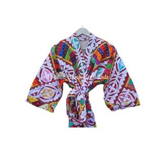 Kimono Kantha Indio Hecho a Mano, Estilo Vintage, para Mujer, Nuevo, Manga Larga, con Diseño Floral, Parches, Antiarrugas, de Secado Rápido, en Algodón - Product Image 4