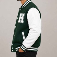 Vestes Varsity Vertes pour Hommes Style Preppy Logo H Brodé Col Revers Coupe Classique Vêtement d'Automne Coton Polyester