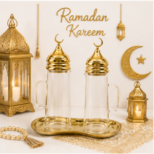 Juego de dispensadores de aceite de vidrio de lujo para decoración de Ramadán con bandeja, tapa dorada con forma de luna creciente islámica, decoración de mesa para Eid Mubarak - Product Image 2